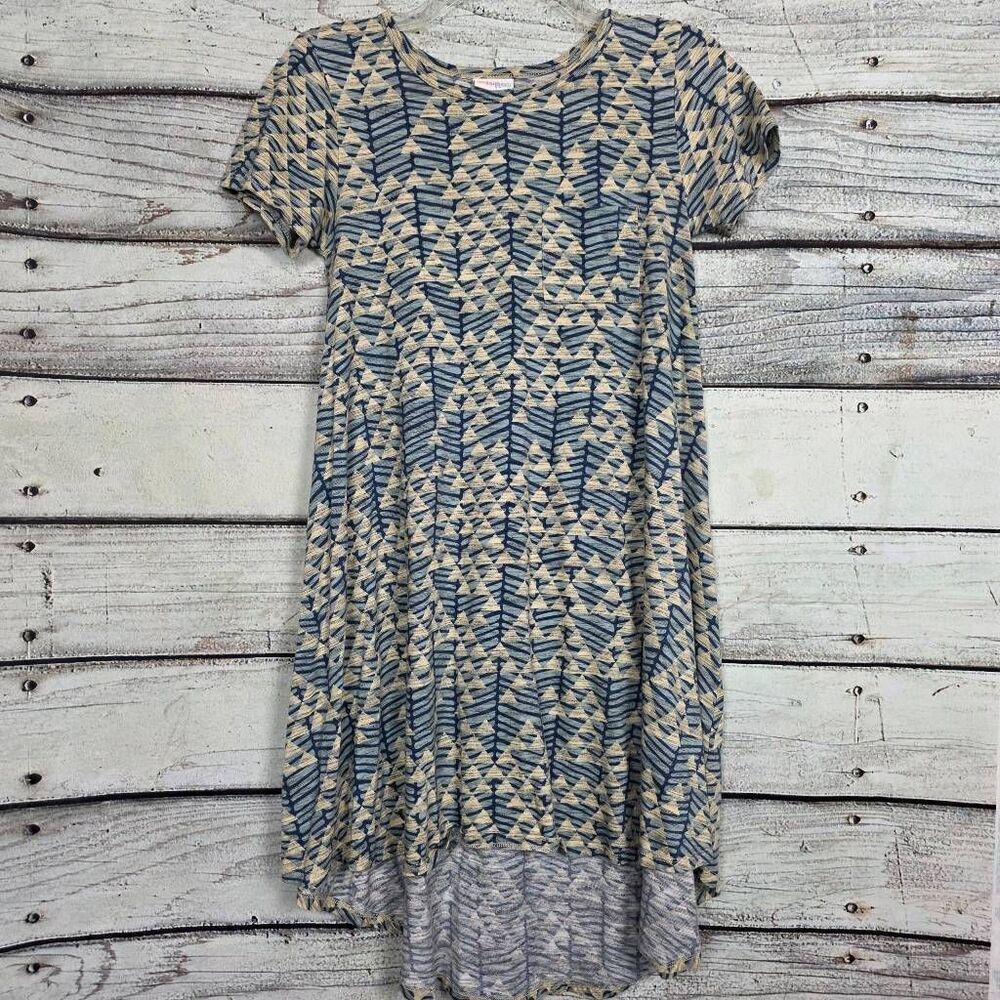 LuLaRoe Carly Dress XXS Blue Beige Geometric Hi-Low